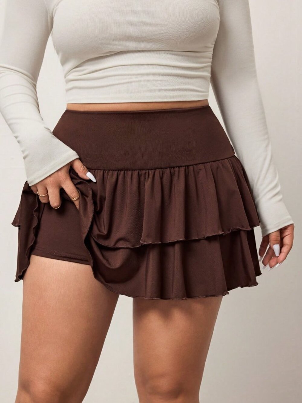Chocolate Brown Women's Plus Size Tiered Low Waisted Mini A-Line Skirt - Picture 6 of 6